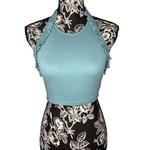 Zara Halter Ruffle Ribbed Crop Tank Blue Coquette Stretch Knit Top Juniors M